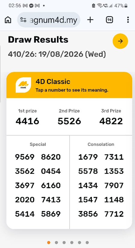Screenshot of Magnum's own results page showing the draw 410/26 winning numbers, including 9569 in the Special prize list.