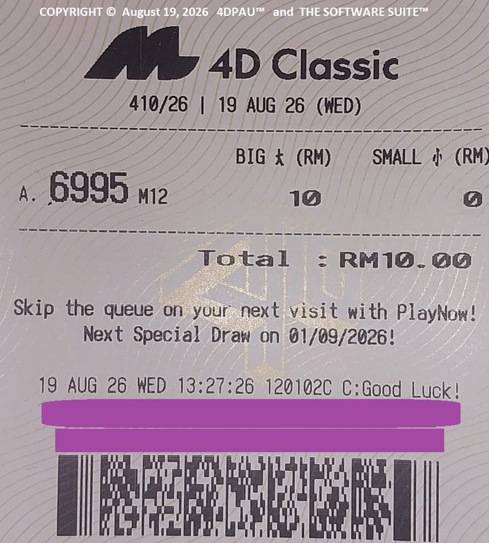 The actual Magnum 4D 4D Classic ticket, draw 410/26, 19 August 2026, showing number 6995 with an M12 system bet.