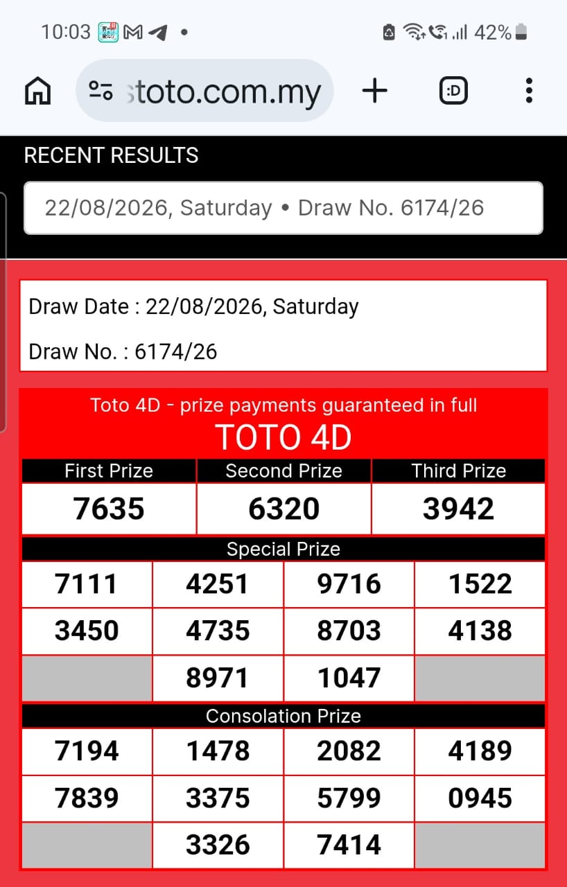 Screenshot of Sports Toto's own results page showing the draw 6174/26 winning numbers, including 9716 in the Special prize list.