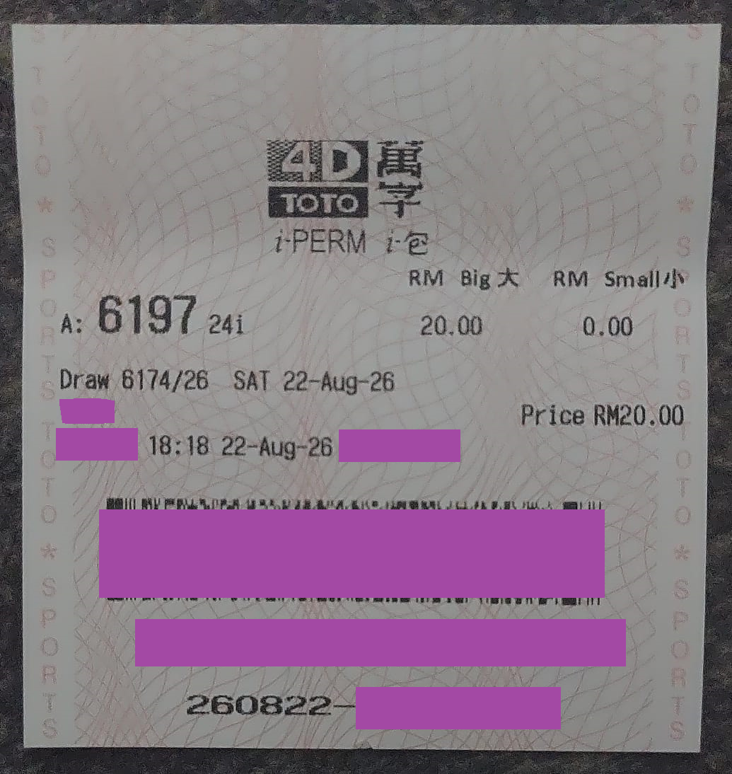 The actual Sports Toto 4D ticket, draw 6174/26, 22 August 2026, showing number 6197 with a 24i iPerm system bet.