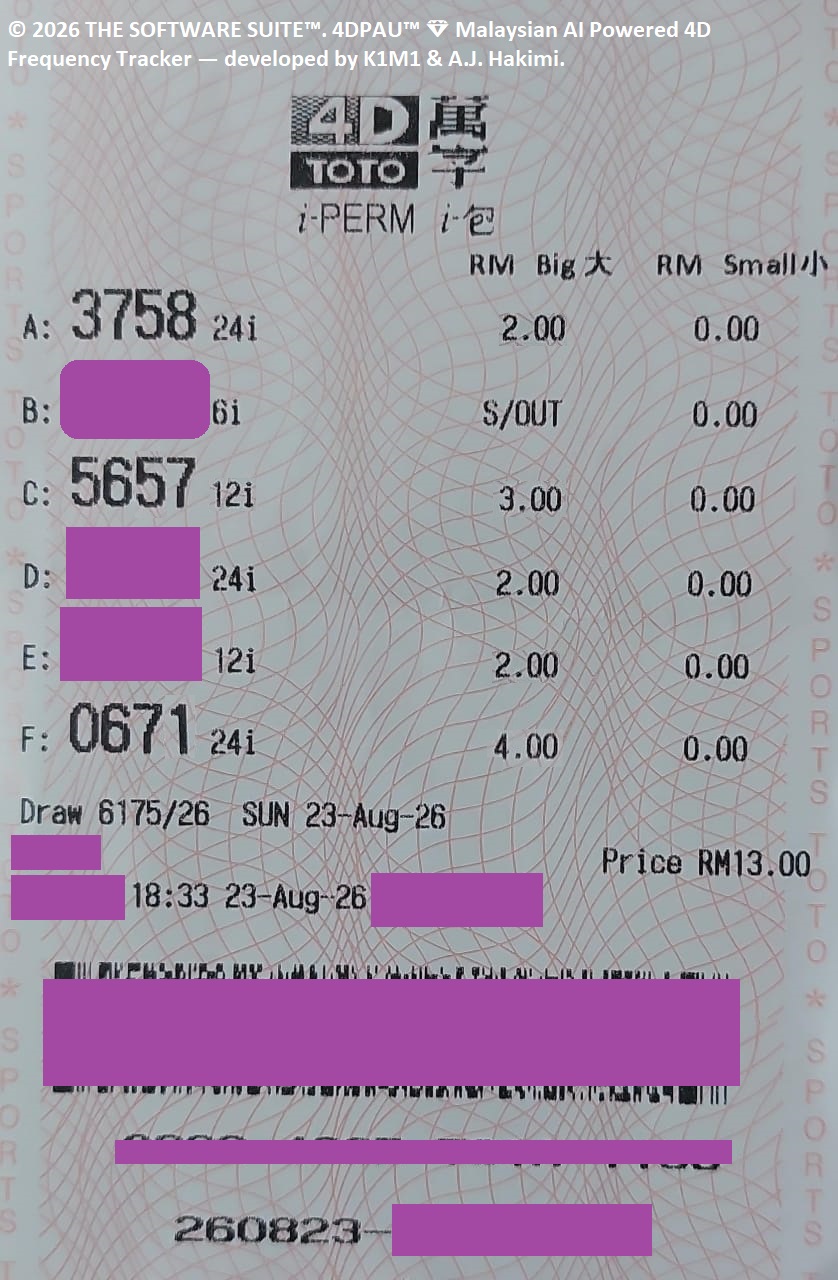 The actual Sports Toto 4D ticket, draw 6175/26, 23 August 2026, showing multiple number bets including 5657 (12i) and 0671 (24i).